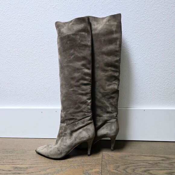 Tamara Mellon Icon 75 Knee High Nappa Suede Heeled Slouch Boot in Moss Gray